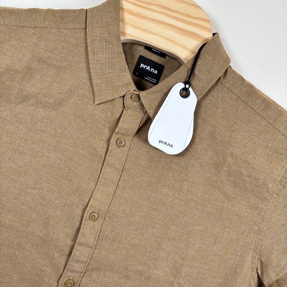 prAna Lindores Shirt Men's Large Retro Olive Hemp Blend Short Sleeve Button-Up